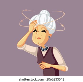 Sick Senior Woman Feeling Dizzy Vector Cartoon. Elderly Citizen Having Vertigo Problems And Severe Headache Feeling Unwell
