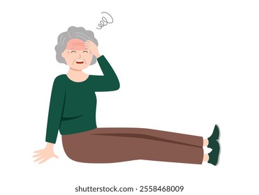 Sick senior woman feeling dizzy in flat design on white background. Unwell old woman with fainting symptom.