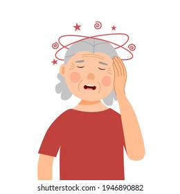 Sick senior woman having dizzy symptom in flat design on white background. Old female feeling vertigo. Dizziness illness.