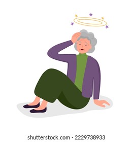 Sick senior woman having dizzy symptom in flat design on white background. Old female feeling vertigo. Dizziness illness.