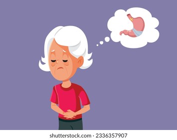 
Sick Senior Woman Suffering from Stomachache Vector Cartoon Illustration. Unhappy elderly person complaining about abdominal pain
