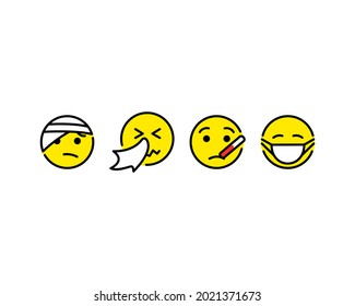 Sick set of emotions vector icons. Bandaged, runny nose, high fever, with mask emoji smile symbols isolated. Vector EPS 10