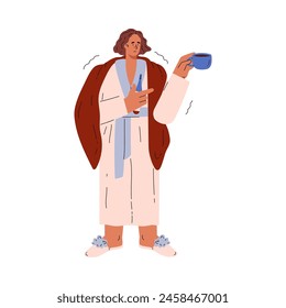 Sick shaking woman. Vector illustration of a woman in a robe and slippers, clutching a mug and a thermometer, wrapped in a blanket. Flat vector illustration on isolated background.