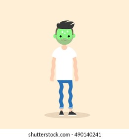 Sick shivering young man with green face vector cartoon illustration / flat vector concept