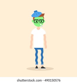 Sick shivering young nerd with green face vector cartoon illustration / flat vector concept