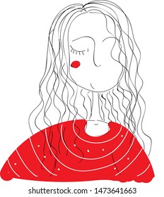 A sick sleeping girl wearing a red sweater, vector, color drawing or illustration.