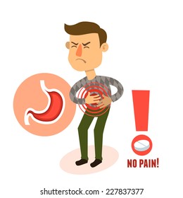 Sick stomach ache male person character with pill vector illustration