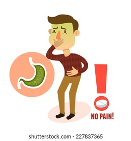 Sick Stomach Ache Nausea Male Person Character With Pill Vector Illustration