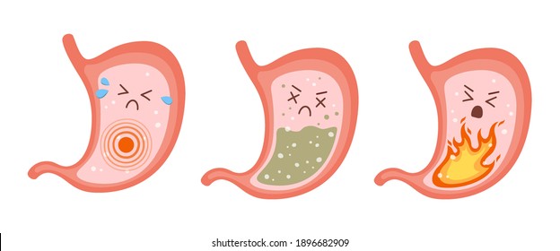 Sick stomach characters. Stomach pain, gastritis, indigestion, vomiting, heartburn problems. Vector flat cartoon illustration on white background