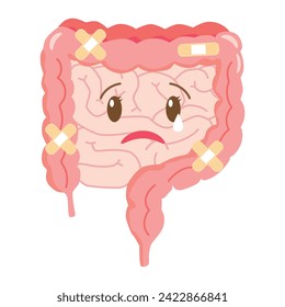 Sick stomach and colon cartoon. Crying large intestine with bandage aid medical plasters. Peptic Ulcer disease concept.  