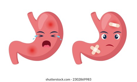 Kranke Magenschmerzen oder Erkrankungen. Trauriger Cartoon Charakter Magen, Körper Organ verletzt oder ungesund. Anatomie des menschlichen Zeichens, Kindermedizin. Vektorgrafik