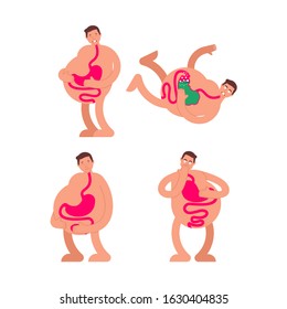 Sick stomach set. Heaviness in belly. bloating and nausea. vector illustration 
