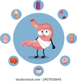 
Estómago Enfermo Rodeado por Ilustración Vectorial de Artículos de Comida Rápida. Concepto de cirugía de derivación gástrica diseño de ilustración médica 
