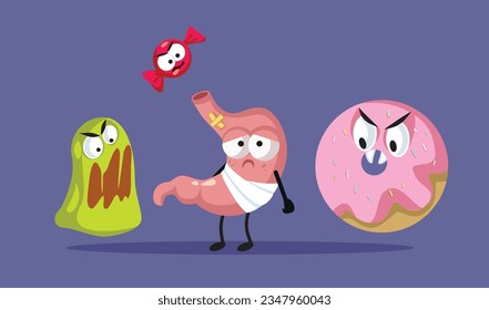 
Sick Stomach Surrounded by Sweets and Desserts Vector Cartoon illustration. Upset organ feeling sick after eating junk food 
