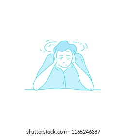 Sick stressed dizzy person touches her forehead and is dizzy. Vector hand drawn illustration. Man suffering from vertigo, dizziness, headache pain portrait