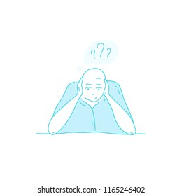 Sick stressed dizzy person touches her forehead and is dizzy. Vector hand drawn illustration. Man suffering from vertigo, dizziness, headache pain portrait