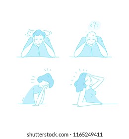 Sick stressed dizzy person touches her forehead and is dizzy. Vector hand drawn illustrations collection. Man suffering from vertigo, dizziness, headache pain portrait