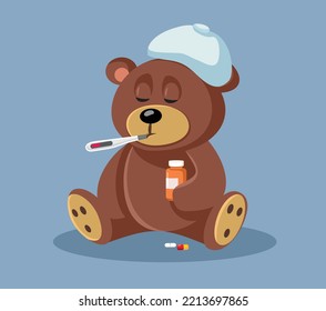 Sick Teddy Bear Suffering from Influenza Vector Cartoon Illustration  Pediatric medicine concept image toy suffering from flu symptoms
