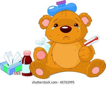 A sick Teddy Bear with thermometer, hot water bottle, peels and a bottle of medicine. Rash and Bear  are on separate layers.