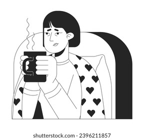 Sick tired asian woman drinking hot beverage black and white 2D line cartoon character. Female holding mug of warm tea isolated vector outline person. Relief cold monochromatic flat spot illustration