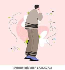 Sick and tired young man closes face with a hand. Modern vector illustration of person character in casual clothes due to pandemic Stop Coronavirus concept. 