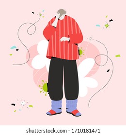 Sick and tired young man closes head with a hand. Modern vector illustration of person character in casual clothes due to pandemic Stop Coronavirus concept. 