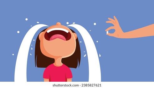 
Sick Toddler Girl Crying Not Taking Pills Vector Illustration. Uncooperative child refusing her medication in tears
