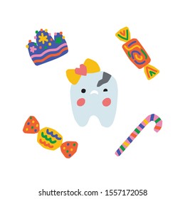 Sick tooth with caries. Color vector illustration. A lot of sweets make teeth bad concept.