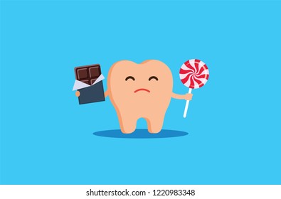 A sick tooth, caries caries, a sad tooth that eats chocolate and candy