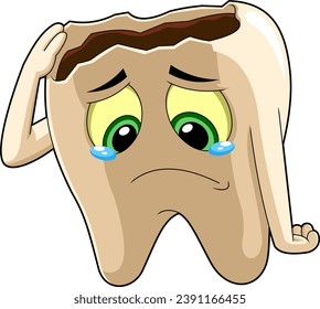 Sick Tooth Cartoon Character With Caries Crying. Vector Hand Drawn Illustration Isolated On Transparent Background