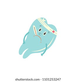 Sick tooth cartoon character with headache and high fever measuring body temperature by thermometer isolated on white background. Toothache and dental healthcare concept in flat vector illustration.