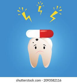 diente enfermo lleno de medicinas. ilustración vectorial de una caricatura dental. Día de los Dentistas
