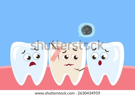 Sick tooth and healthy teeth cartoon characters . Dental health concept . Vector .