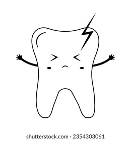 Sick tooth, kawaii character, black contour doodle, vector illustration