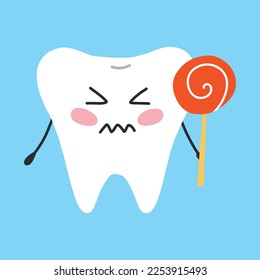 Sick tooth in kawaii style. Tooth character with caries. Vector illustration. Toothache.