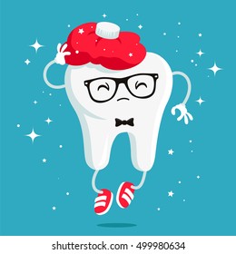 Sick tooth with a red warmer - hot water bottle on the head. Vector illustration on a blue background. Concept of children's dentistry. Excellent dental card. Cute character. Caries prevention.