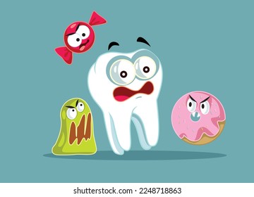 
Sick Tooth Surrounded by Candy Monsters Vector Concept Illustration. Unhappy molar attacked by sugary treats prone to cavities 
