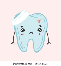 Sick tooth. Vector color illustration in cartoon style. Kawaii tooth character.