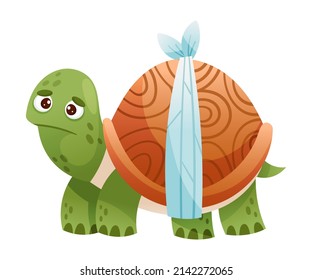 Sick turtle rabbit animal. Sad tortoise with bandage on its shell cartoon vector illustration