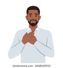 Sick unhappy guy touch upper chest having cardiovascular problems need doctor help. Flat vector illustration isolated on white background