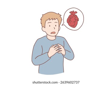  Sick unhappy guy touch upper chest having cardiovascular problems need doctor help. Healthcare and medicine. Unwell man feel sick suffer from heatstroke. Hand drawn style vector design illustrations.