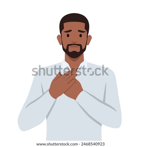 Sick unhappy guy touch upper chest having cardiovascular problems need doctor help. Flat vector illustration isolated on white background