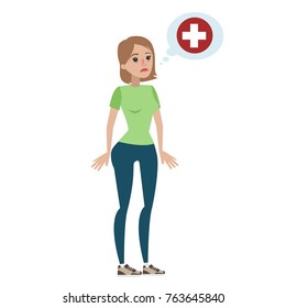 Sick unhappy woman thinks of going to clinic.
