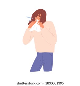 Sick unhealthy allergic sneezing woman. Female character blowing nose into handkerchief. Symptom of cold, coronavirus, grippe or seasonal disease, infection. Flat vector cartoon illustration on white