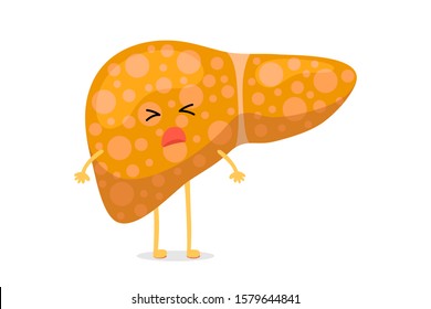 Sick unhealthy cartoon liver character suffers from jaundice or hepatitis and suffering pain. Human exocrine gland organ destruction concept. Vector hepatic illustration