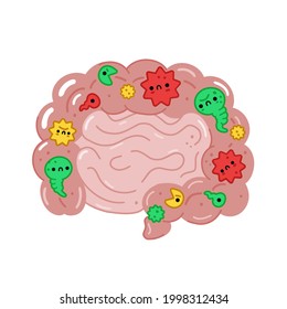 Sick unhealthy intestine organ with bad bacterias,microflora. Vector hand drawn cartoon character illustration. Isolated on white background. Intestine,microflora,probiotics character concept