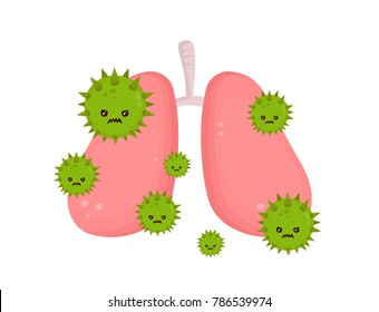 Sick unhealthy lungs with disease angry virus. Vector modern style cartoon character illustration icon design. Isolated on white background. Sick lungs with virus microbe concept