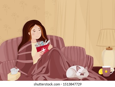 Sick, unhealthy and young woman with temperature lying on sofa at home under plaid. Vector illustration.