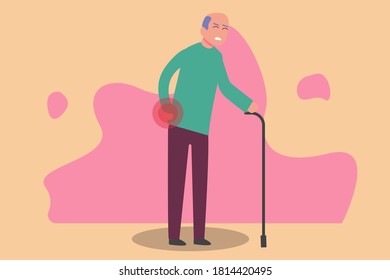 Sick vector concept: Elderly man having back pain while walking with a stick