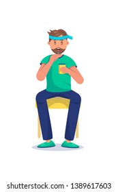 Sick vector flat character. Guy having headache isolated clipart. Illness, seasonal cold symptoms.